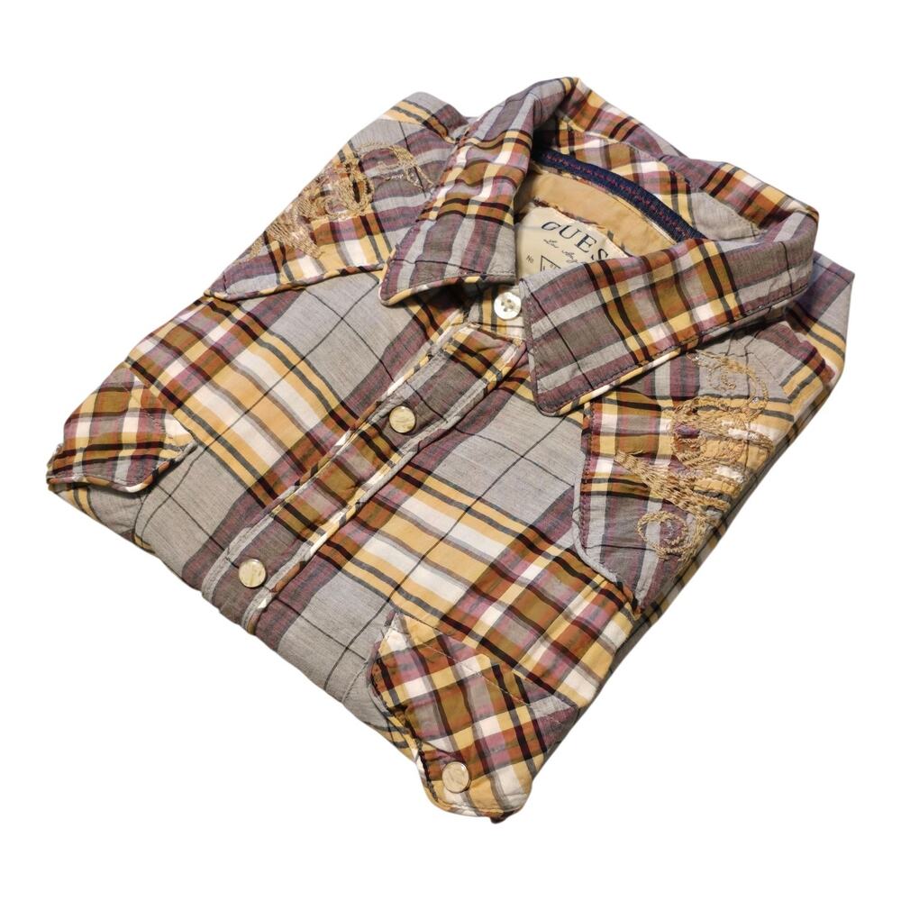 Guess Mens Shirt Size Medium Western Pearl Snap Plaid Embroidered Rodeo Cowboy